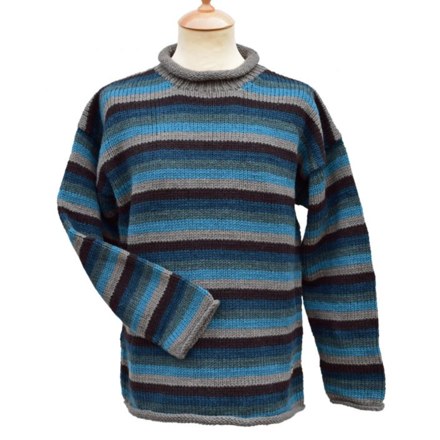 Yak Wool Jumper – Hand Knitted Fair Trade Unisex Sweater in Blue, Grey & Charcoal Stripes