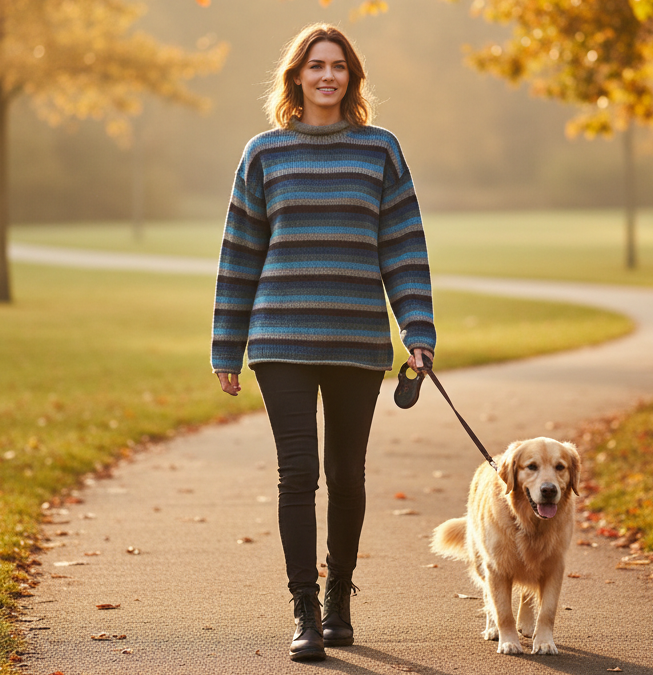 Yak Wool Jumper – Hand Knitted Fair Trade Unisex Sweater in Blue, Grey & Charcoal Stripes