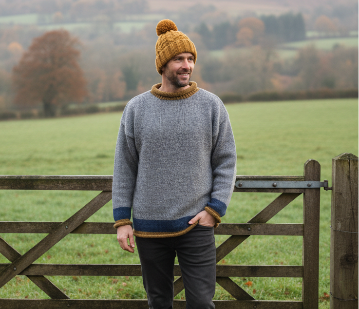 Yak Wool Jumper – Grey with Blue & Gold Trim