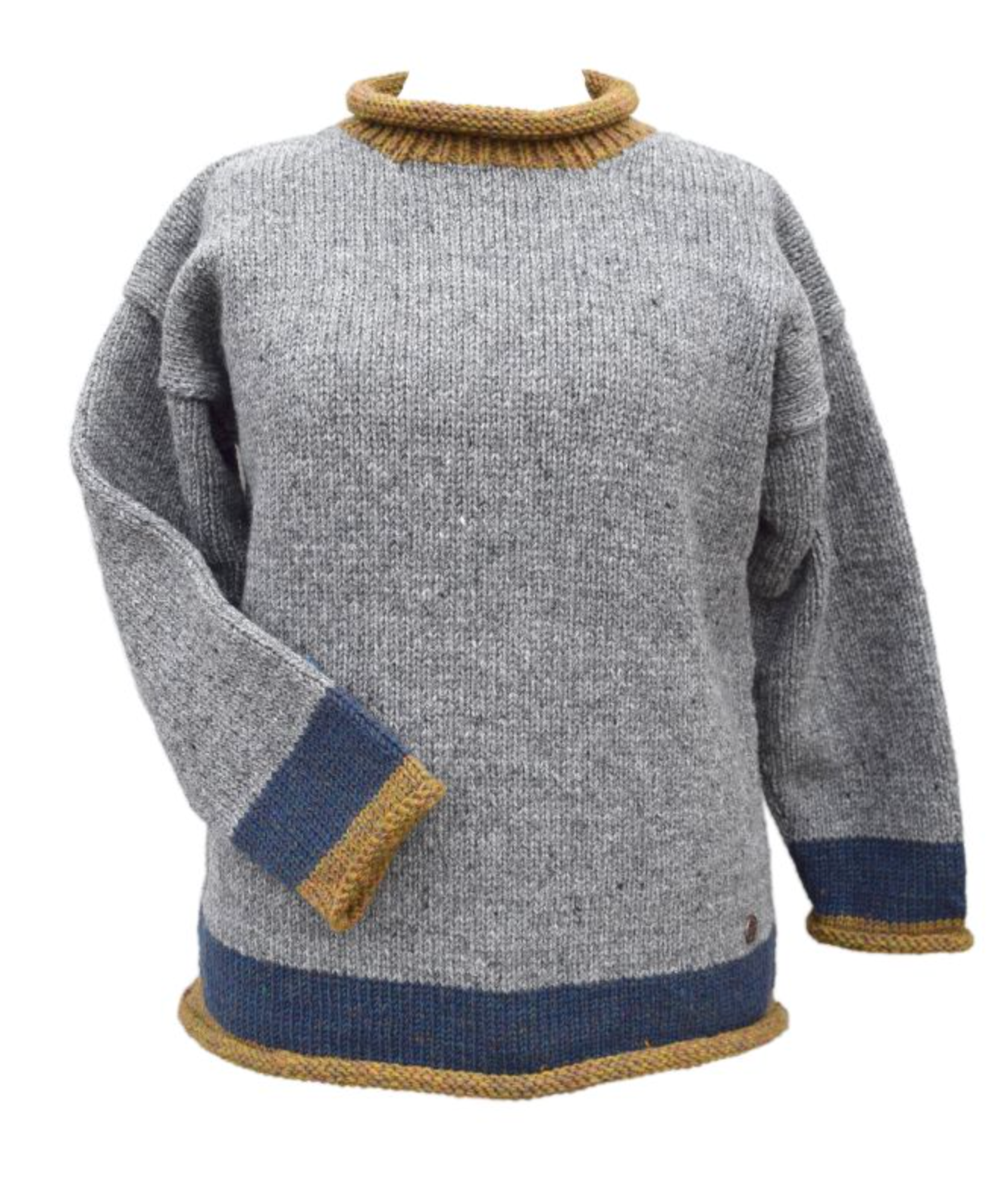 Yak Wool Jumper – Grey with Blue & Gold Trim