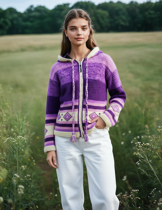 Fleece-Lined Yak Wool Pixie Hood Jacket – Hand-Knitted Fair Trade Zip-Up in Purple & Cream