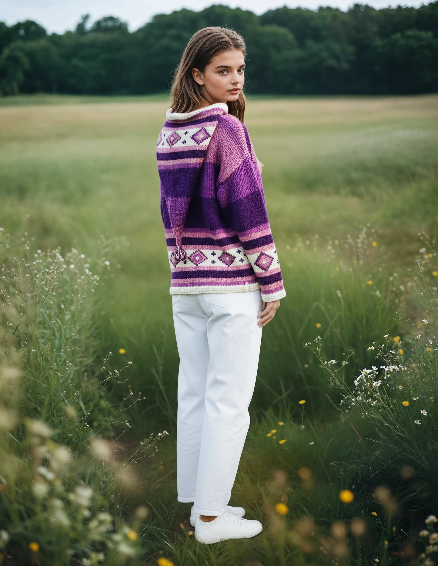 Fleece-Lined Yak Wool Pixie Hood Jacket – Hand-Knitted Fair Trade Zip-Up in Purple & Cream