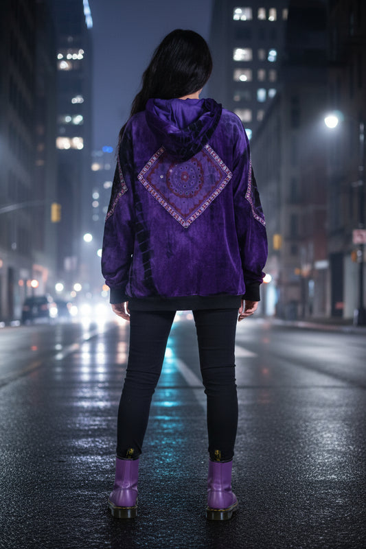 Purple Crushed Velvet Hoodie – Bohemian Zip Jacket with Embroidered Sleeves 💜