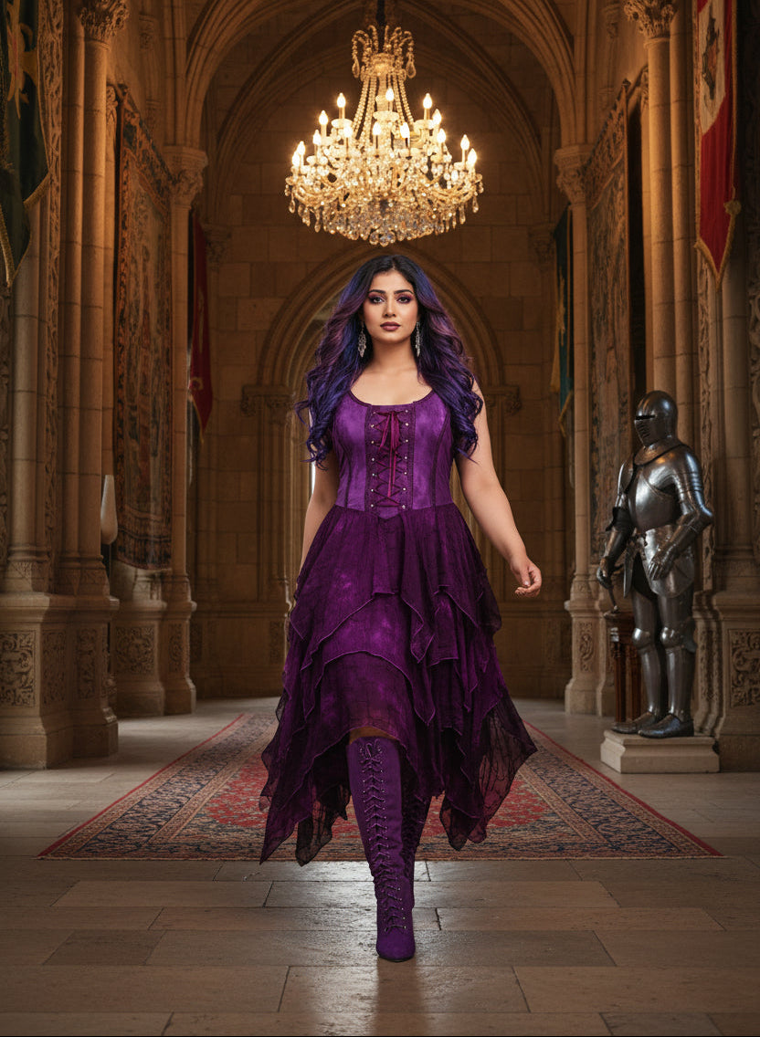 Pixie Dress Purple Lace-Up Fit & Flare Dress | Jersey Cotton Bodice | Boho Fairy Style LXL Pixie Dress Purple Lace-Up Fit & Flare Dress | Jersey Cotton Bodice | Boho Fairy Style LXL