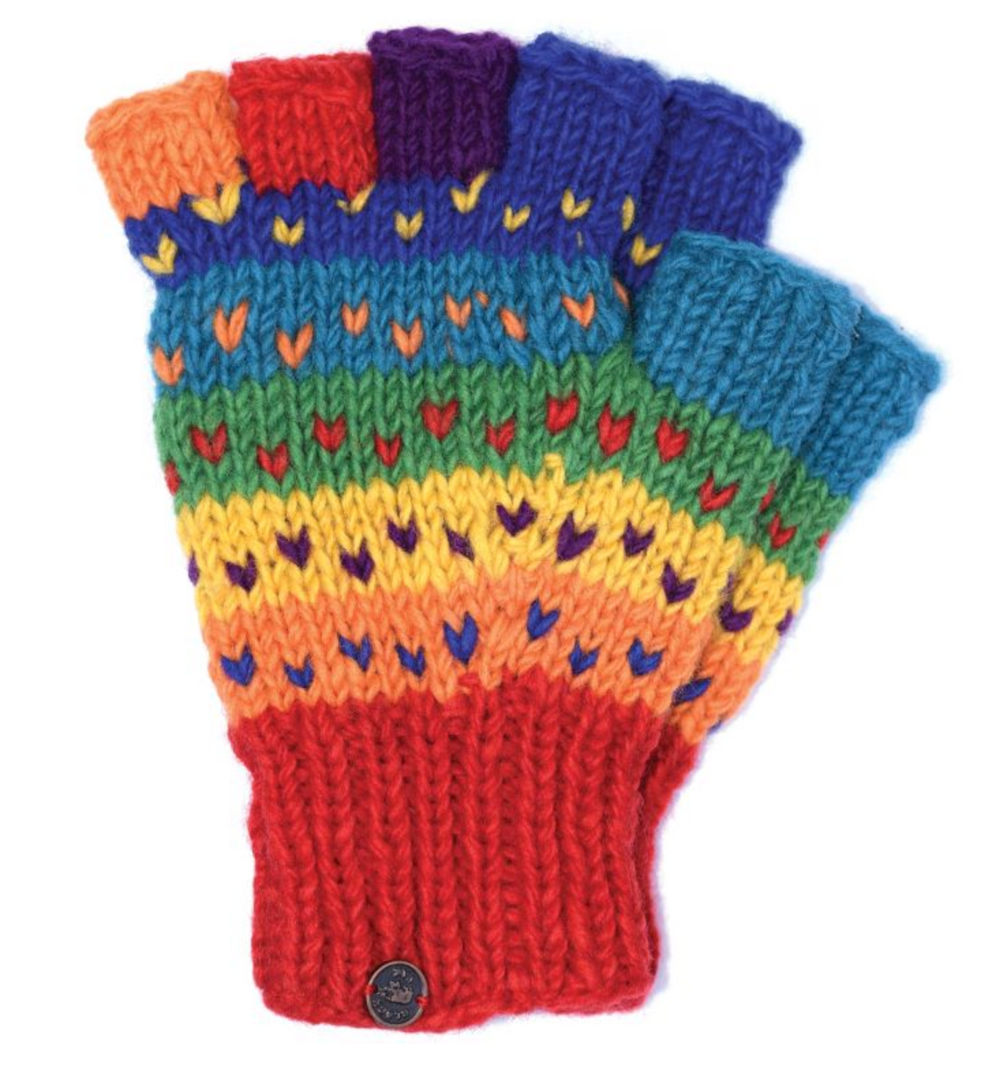 Hand-Knitted Rainbow Yak Wool Fingerless Gloves – Fleece Lined for Extra Warmth