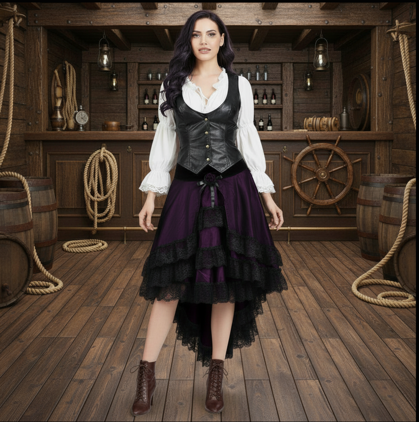 Purple Satin & Lace Steampunk Skirt – Gothic Pirate High-Low Design