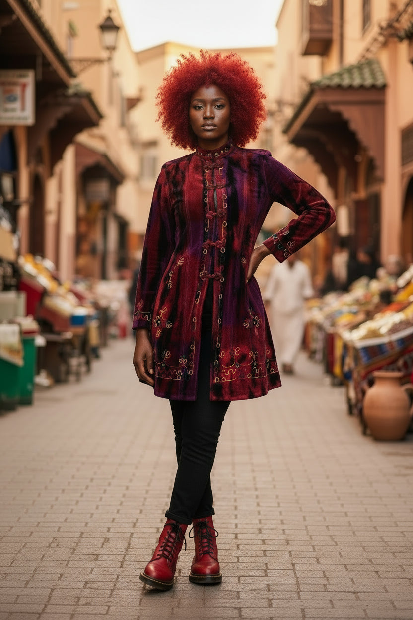 Bohemian Velvet Coat with Rainbow Embroidery - Purple & Red Autumn Multi 🍁 🍂