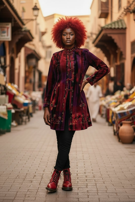 Bohemian Velvet Coat with Rainbow Embroidery - Purple & Red Autumn Multi 🍁 🍂