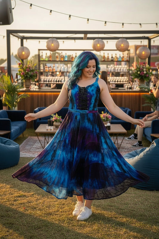 Blue Purple Lace Up Dress – Boho Corset Fit and Flare Maxi Dress with Handkerchief Hem