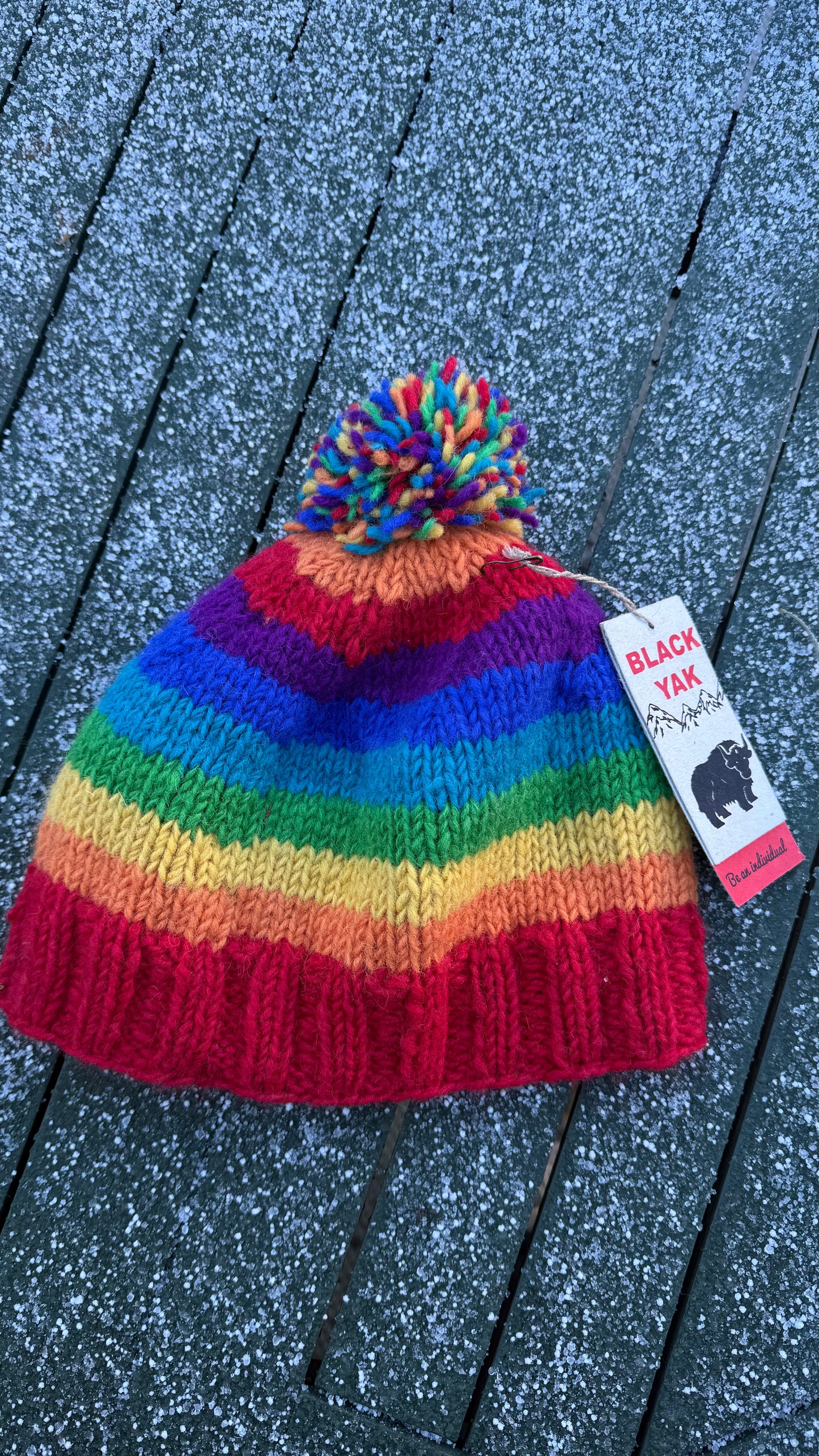 Yak Wool Fair Trade Fleece Lined Bobble Hat – Rainbow Stripe