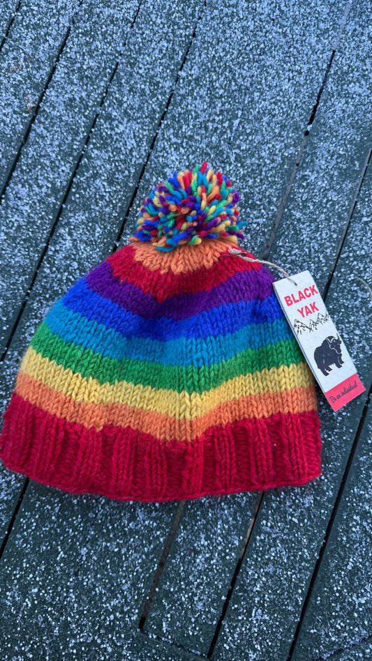 Yak Wool Fair Trade Fleece Lined Bobble Hat – Rainbow Stripe