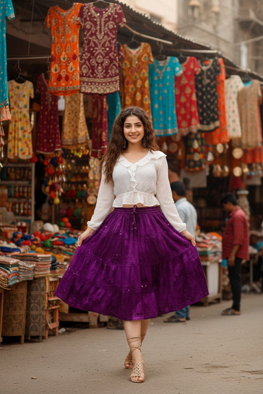 Purple Tie Dye Skirt – 3/4 Length Boho Cotton Skirt with Elasticated Waist