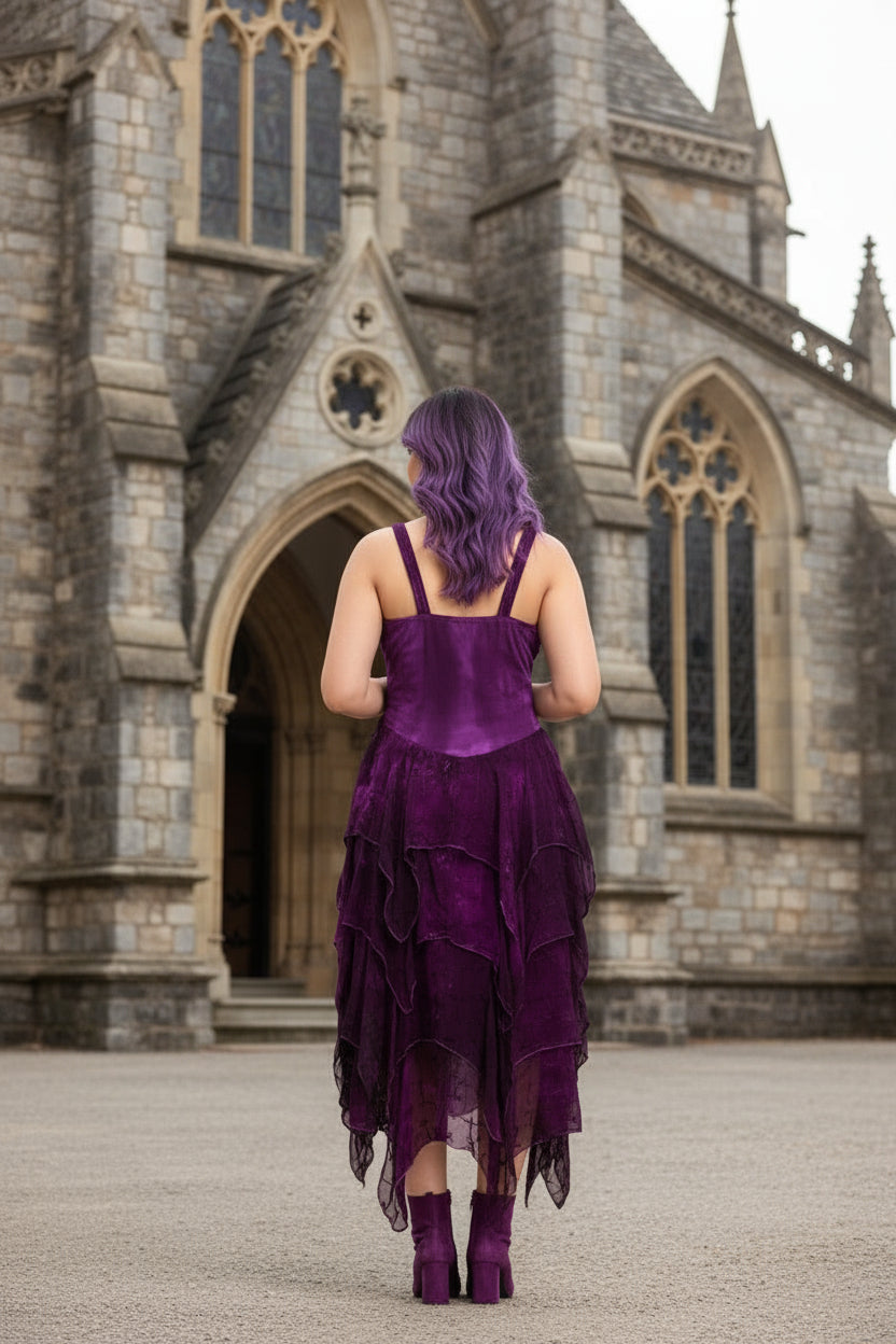 Pixie Dress Purple Lace-Up Fit & Flare Dress | Jersey Cotton Bodice | Boho Fairy Style LXL Pixie Dress Purple Lace-Up Fit & Flare Dress | Jersey Cotton Bodice | Boho Fairy Style LXL