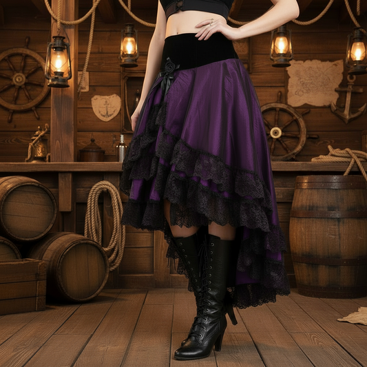 Purple Satin & Lace Steampunk Skirt – Gothic Pirate High-Low Design