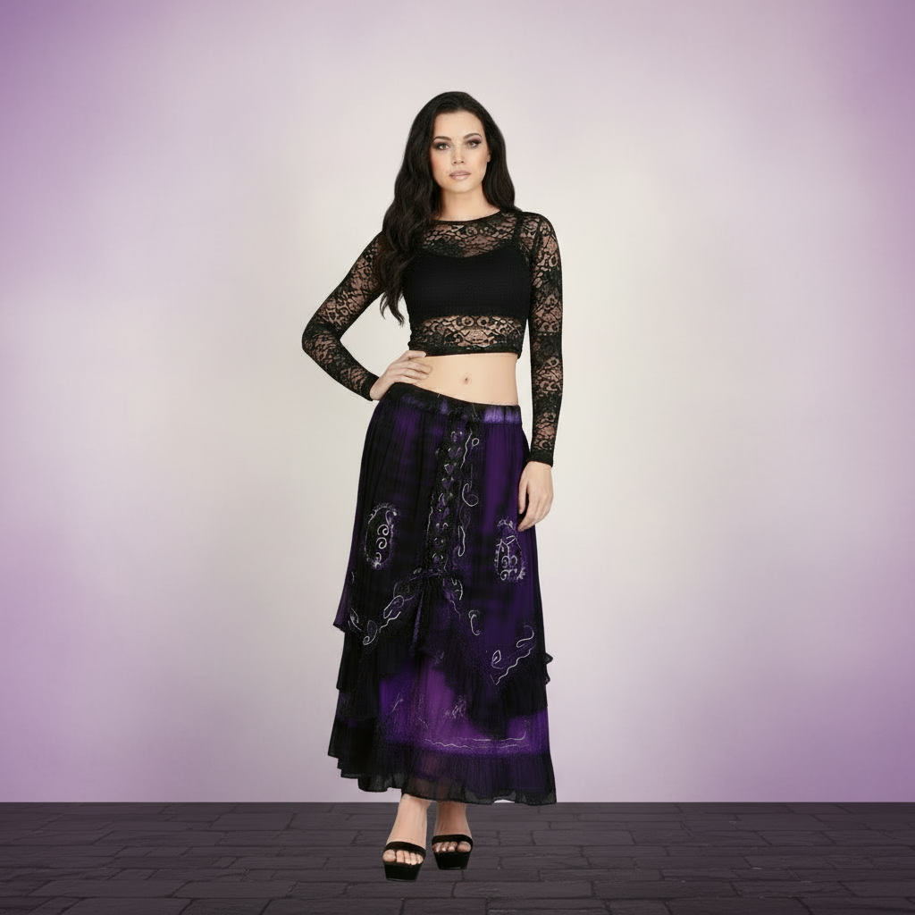 Purple Bohemian Two-Layered Skirt with Chiffon Overlay