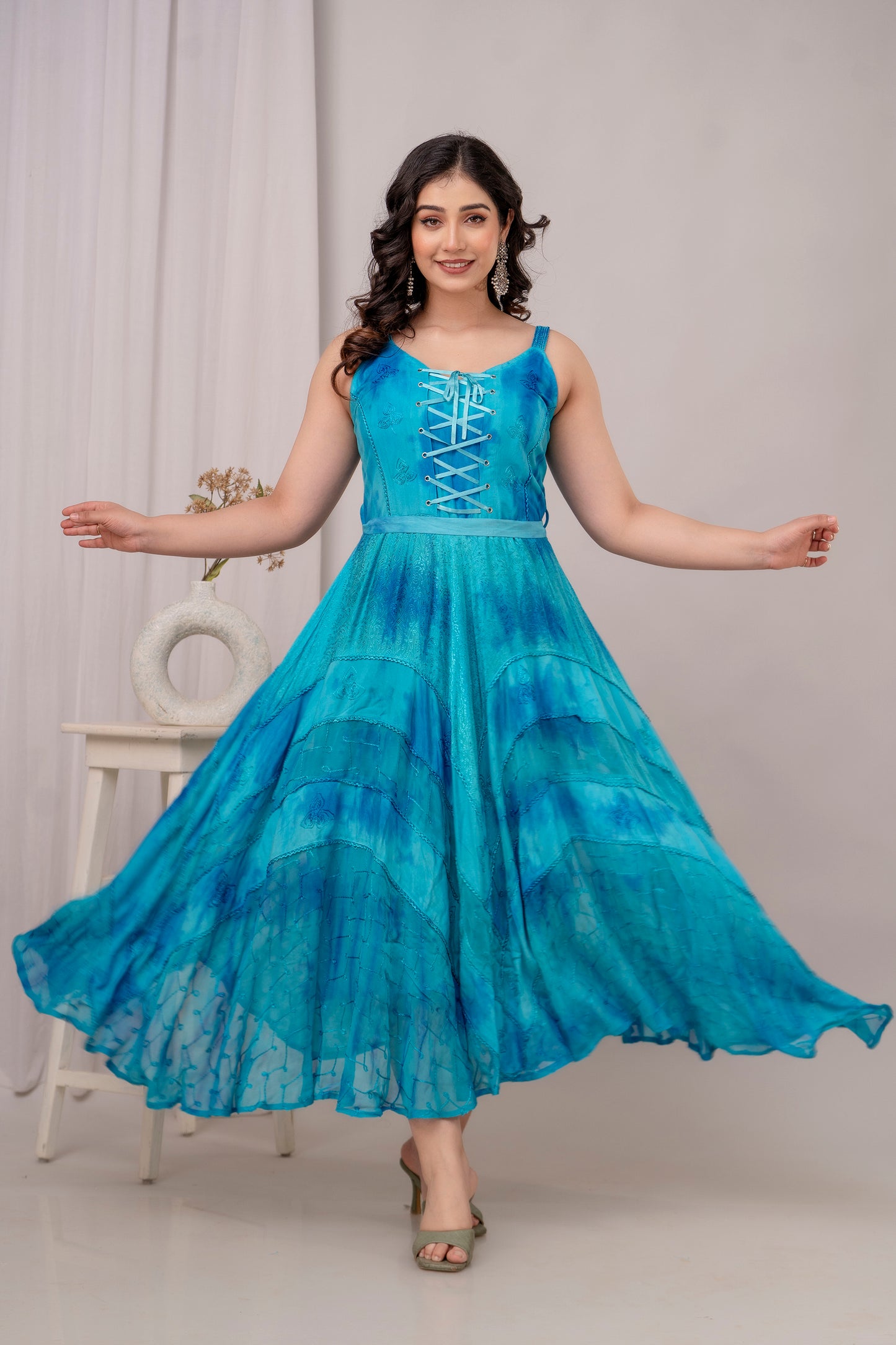 Lace Up Dress Turquoise 3/4 length