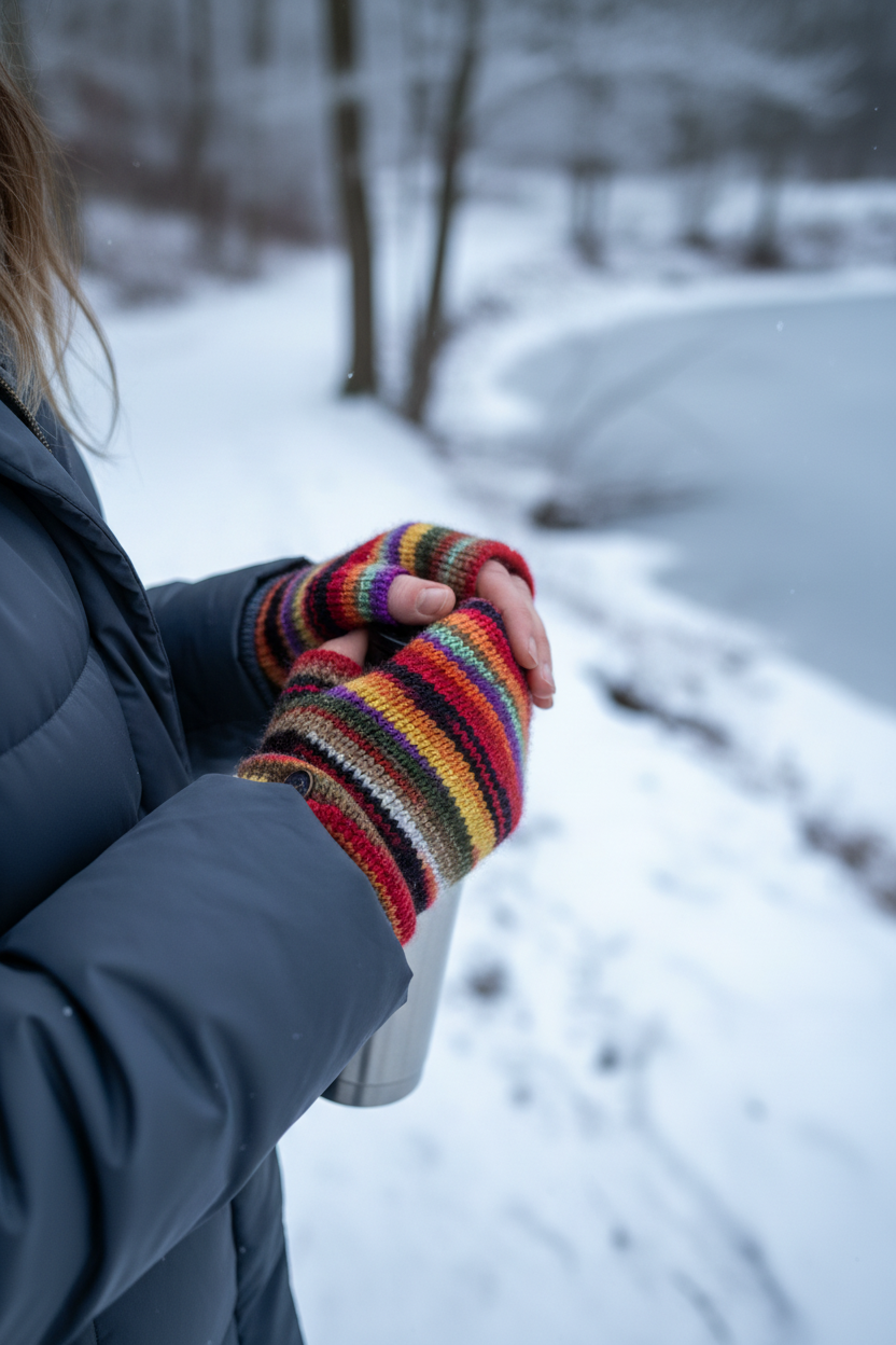 Yak Wool Fleece Lined Hand & Wrist Warmers – Multicolour Stripe