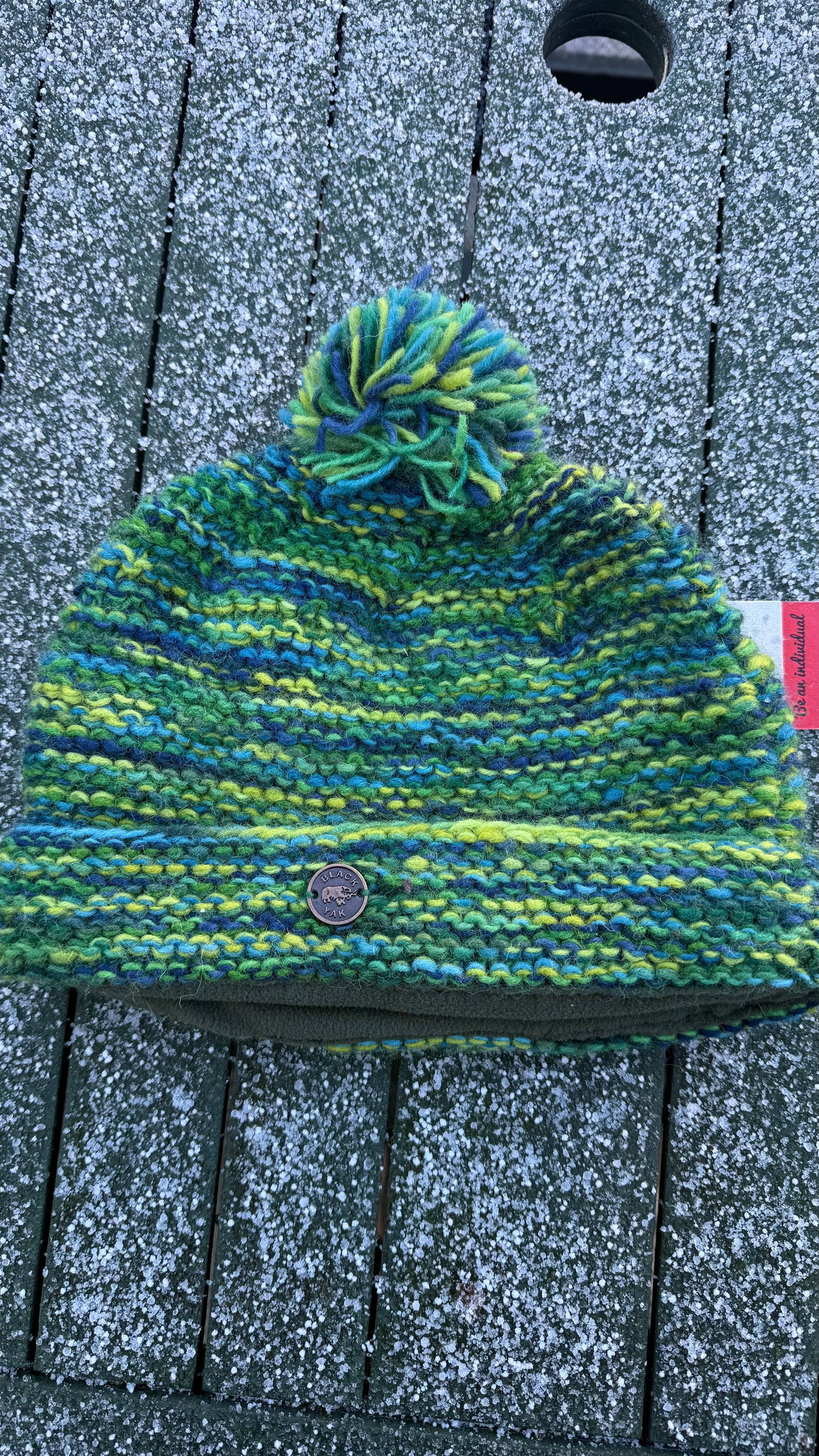 Yak Wool Bobble Hat – Green & Blue Winter Hat
