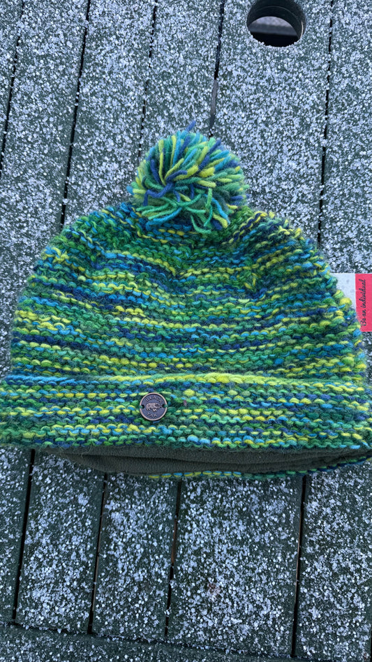 Yak Wool Bobble Hat – Green & Blue Winter Hat