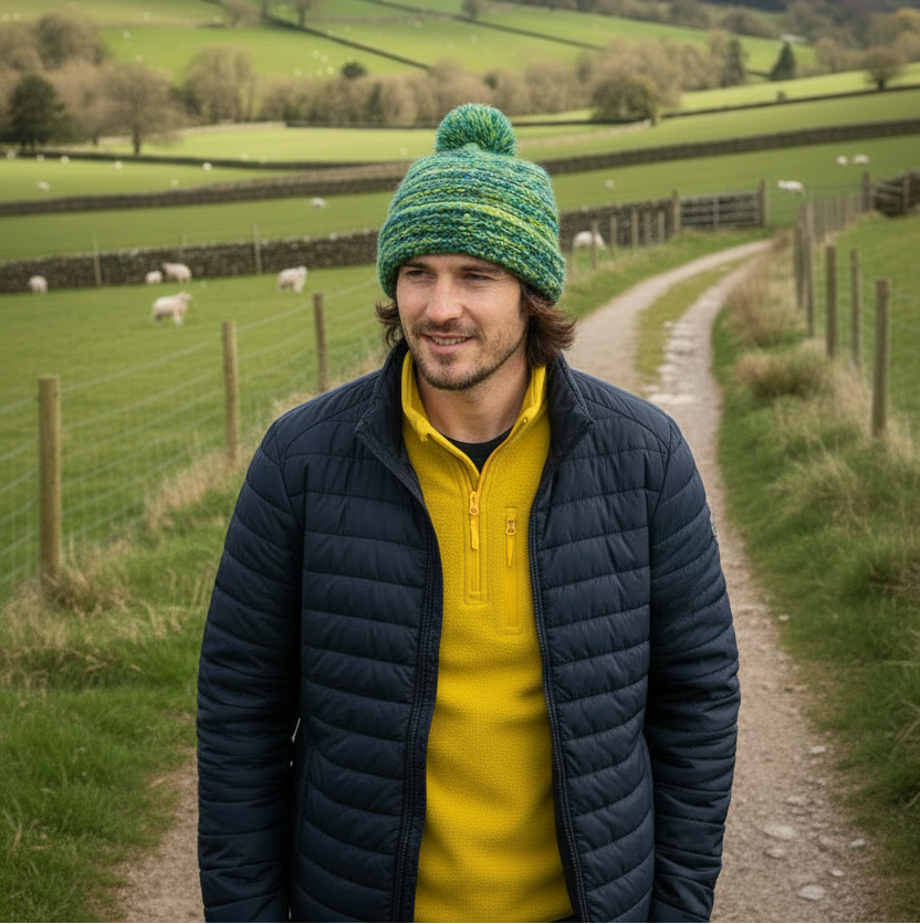 Yak Wool Bobble Hat – Green & Blue Winter Hat