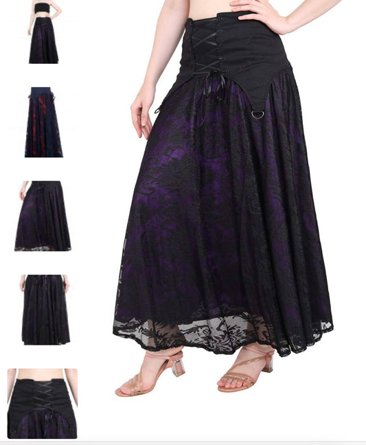 Black Lace over Purple Satin Skirt Steampunk / Pirate