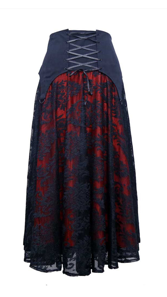 Black Lace over red Satin Skirt Steampunk / Pirate