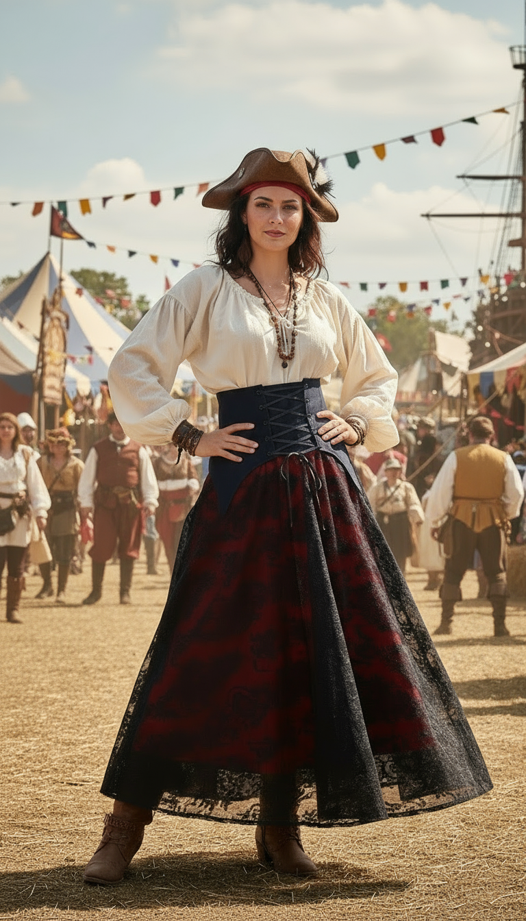 Red Satin & Black Lace Corset Skirt – Steampunk, Pirate & Gothic Glamour