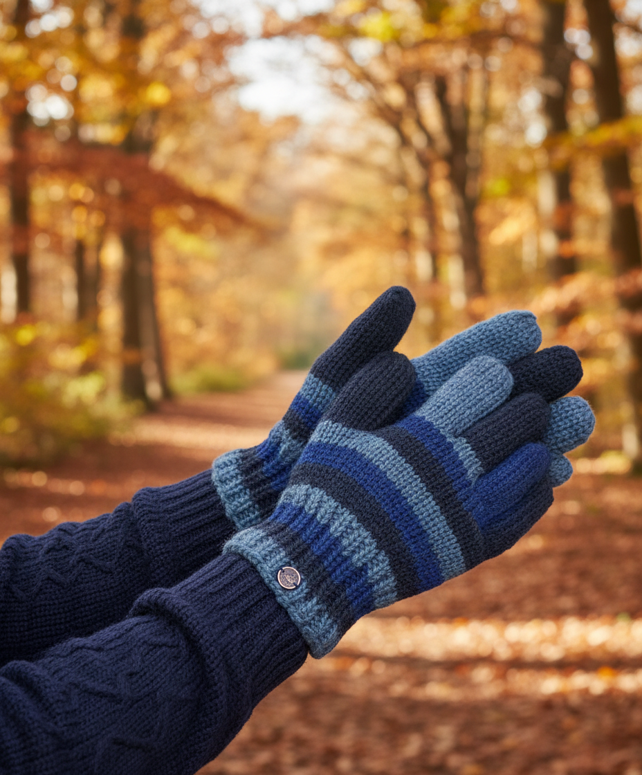 Hand-Knitted Wool Gloves – Fleece Lined for Extra Warmth Green and Blue Striped - Large