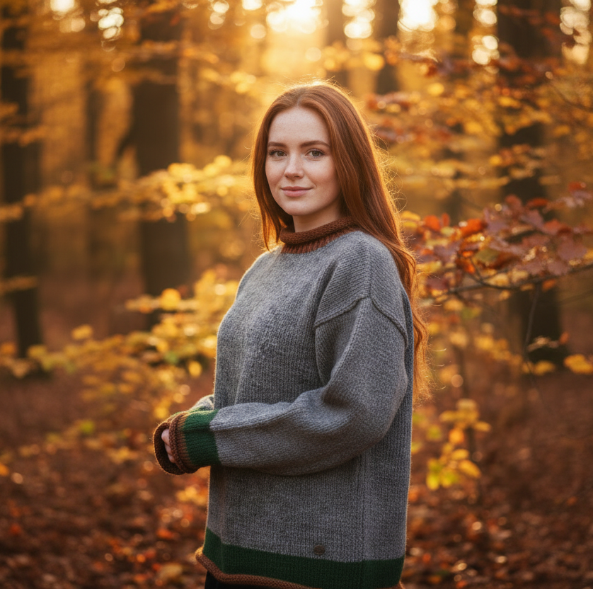 Yak Wool Jumper – Grey with Green & Rust Trim