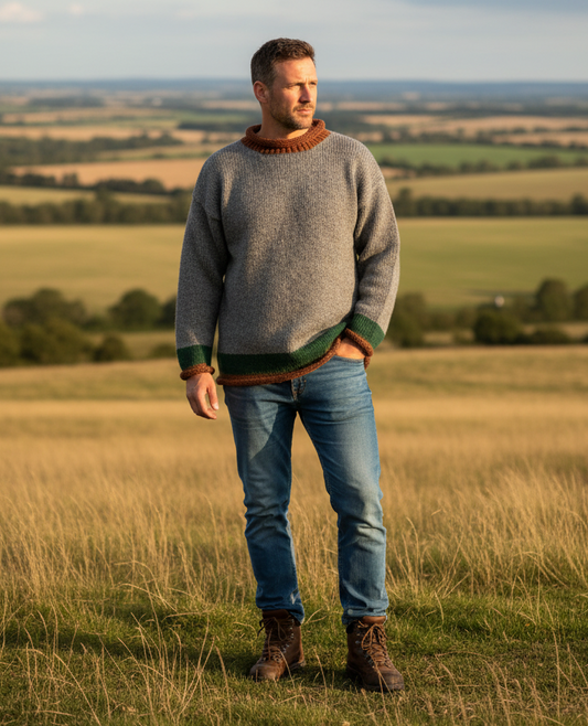 Yak Wool Jumper – Grey with Green & Rust Trim