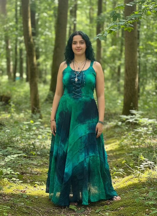Teal Green Lace Up Dress – Boho Fit and Flare Maxi with Handkerchief Hem