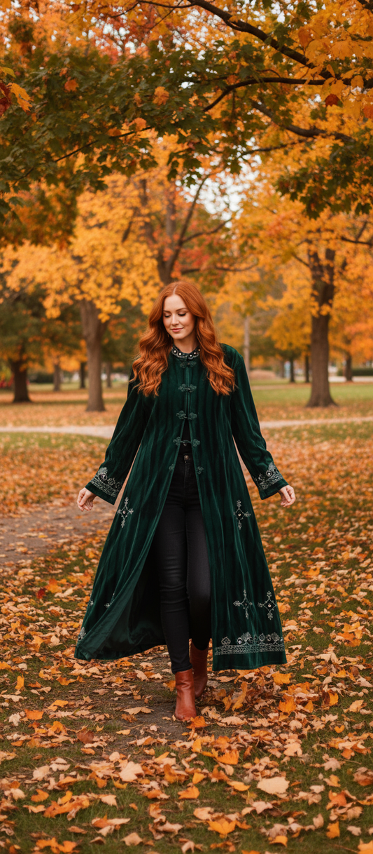 Emerald Forest Green Velvet Coat – Long Boho Luxe Embroidered Winter Coat