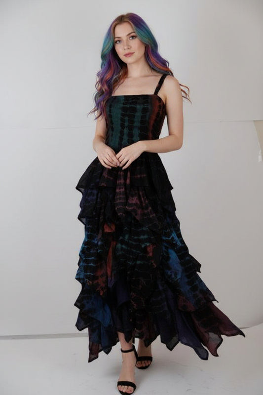 Cotton Sky Dress – Tie Dye Boho Midi Dress with Elasticated Bodice & Layered Cotton Skirt