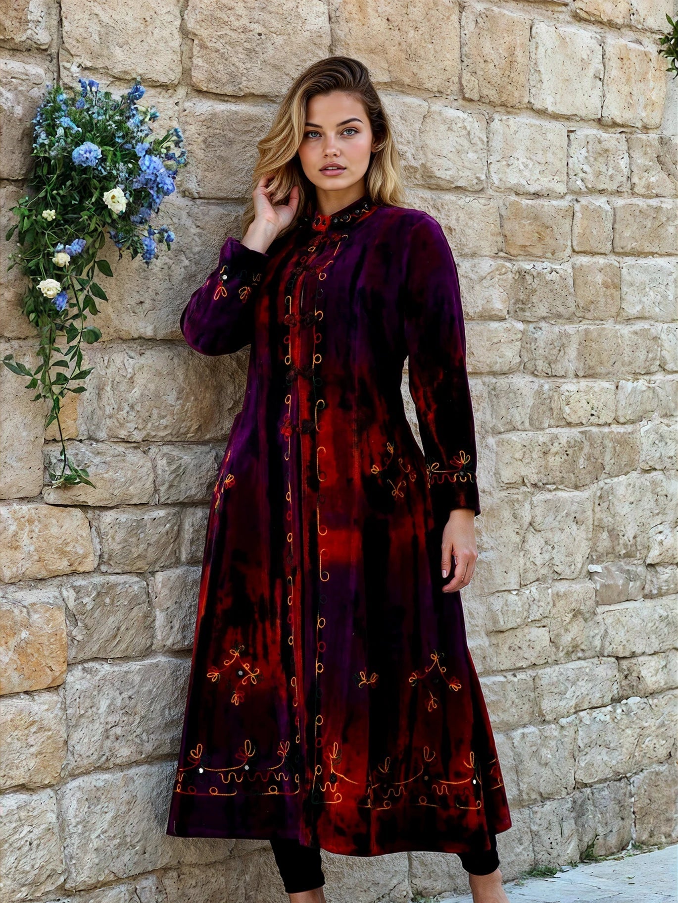 Bohemian Cotton Velvet Embroidered Coat – Long Tie-Dye Jacket in Red and Purple 🍂