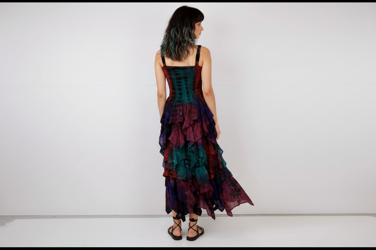 Cotton Sky Dress – Tie Dye Boho Midi Dress with Elasticated Bodice & Layered Cotton Skirt