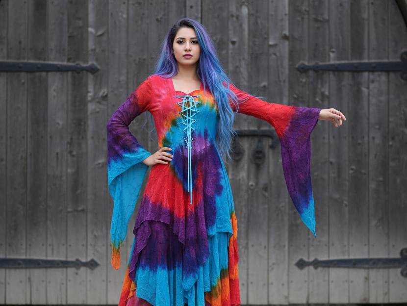 Medieval Long Sleeve Lace-Up Chiffon Dress Multicoloured with Handkerchief Hem