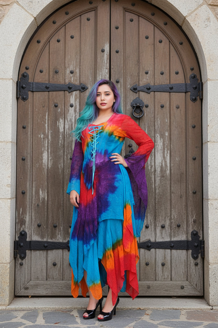 Medieval Long Sleeve Lace-Up Chiffon Dress Multicoloured with Handkerchief Hem