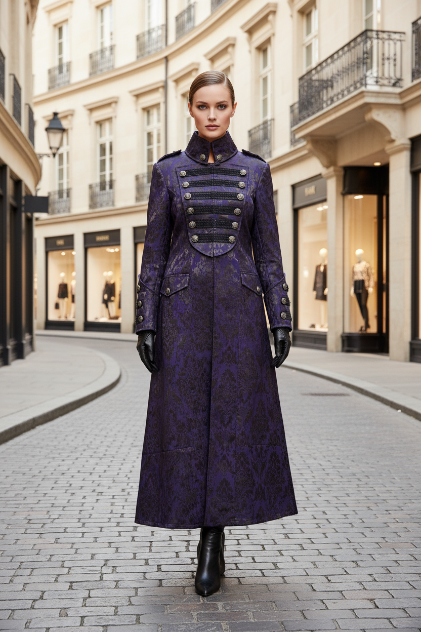 Purple Steampunk Pirate Long Victorian Brocade Coat – Gothic Jacket