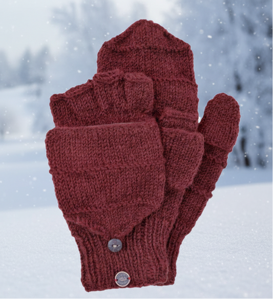 Yak Wool Convertible Fingerless Gloves to Mittens – Deep Plum Burgundy