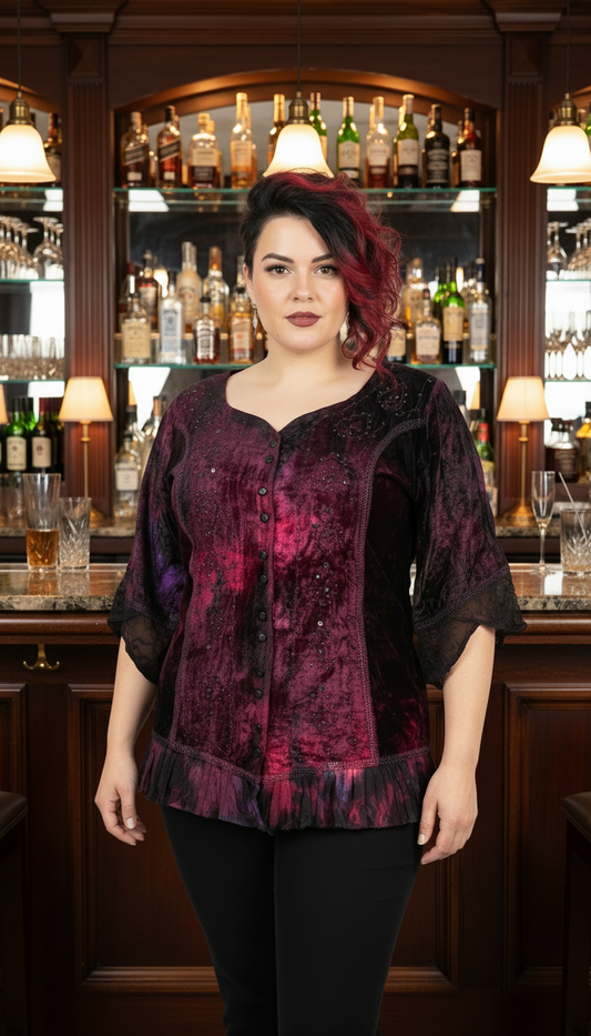 Elegant Crushed Velvet Red Purple Button Up Blouse Top with Ties