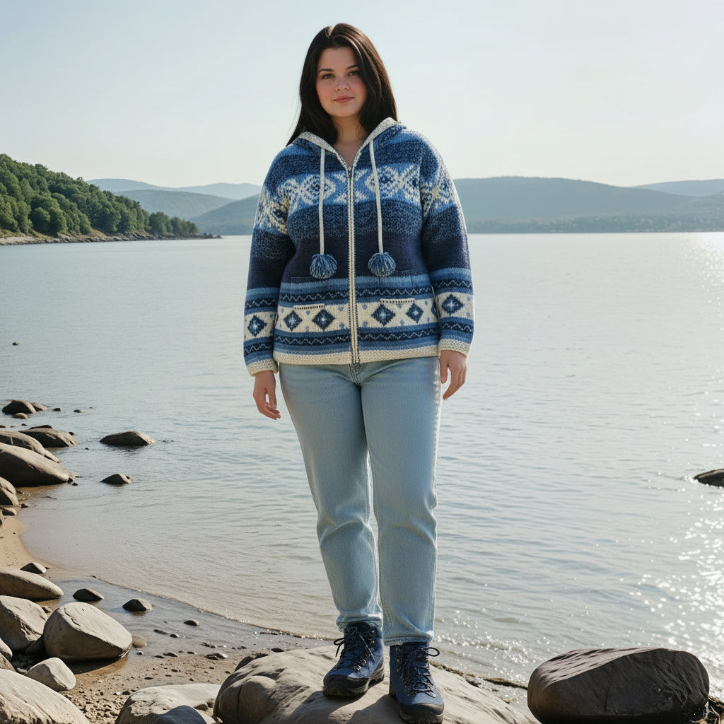 Yak Wool Pixie Hood Fleece Lined Jacket – Navy & Blue Fair Isle | Handmade Warm Winter Hoodie