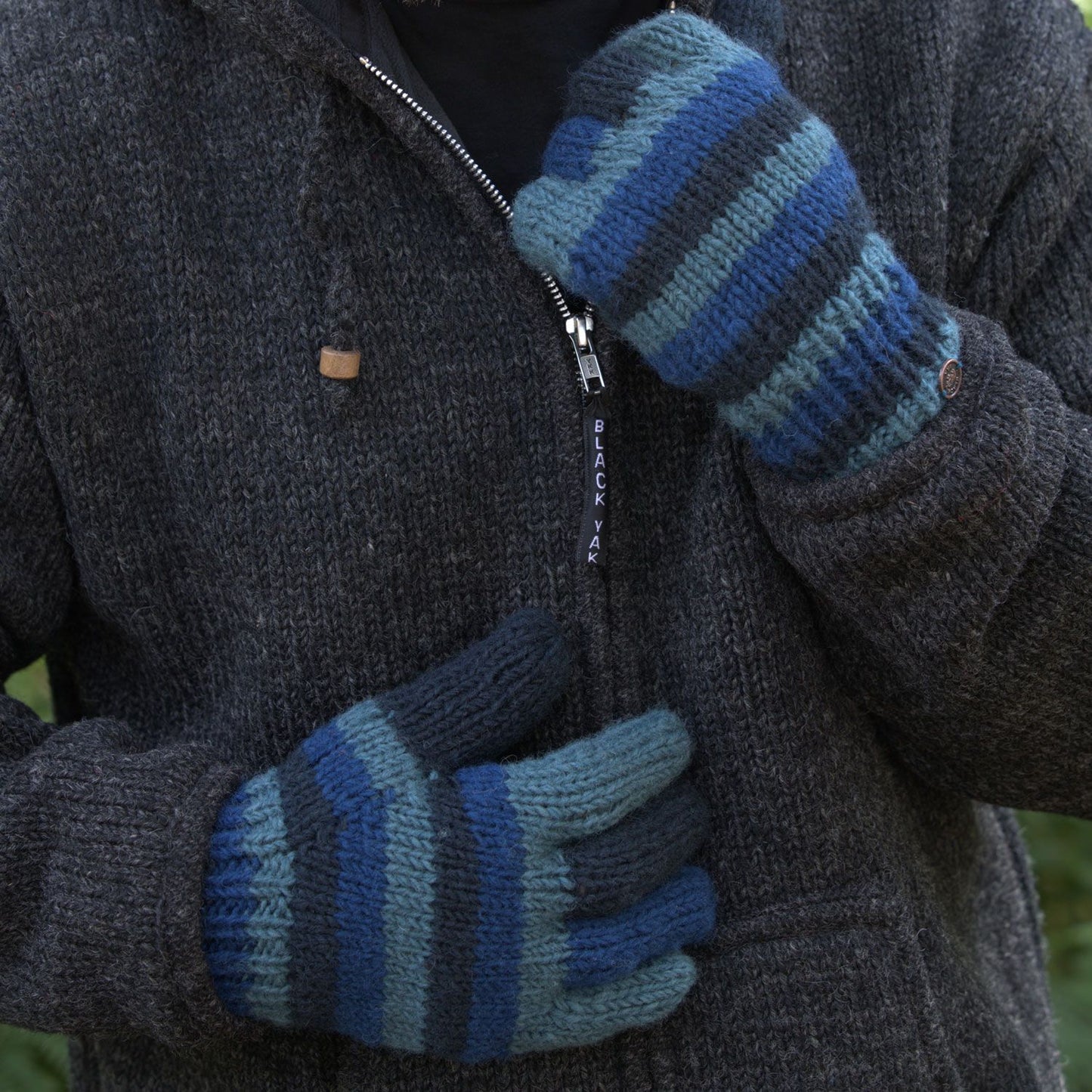 Hand-Knitted Wool Gloves – Fleece Lined for Extra Warmth Green and Blue Striped - Large