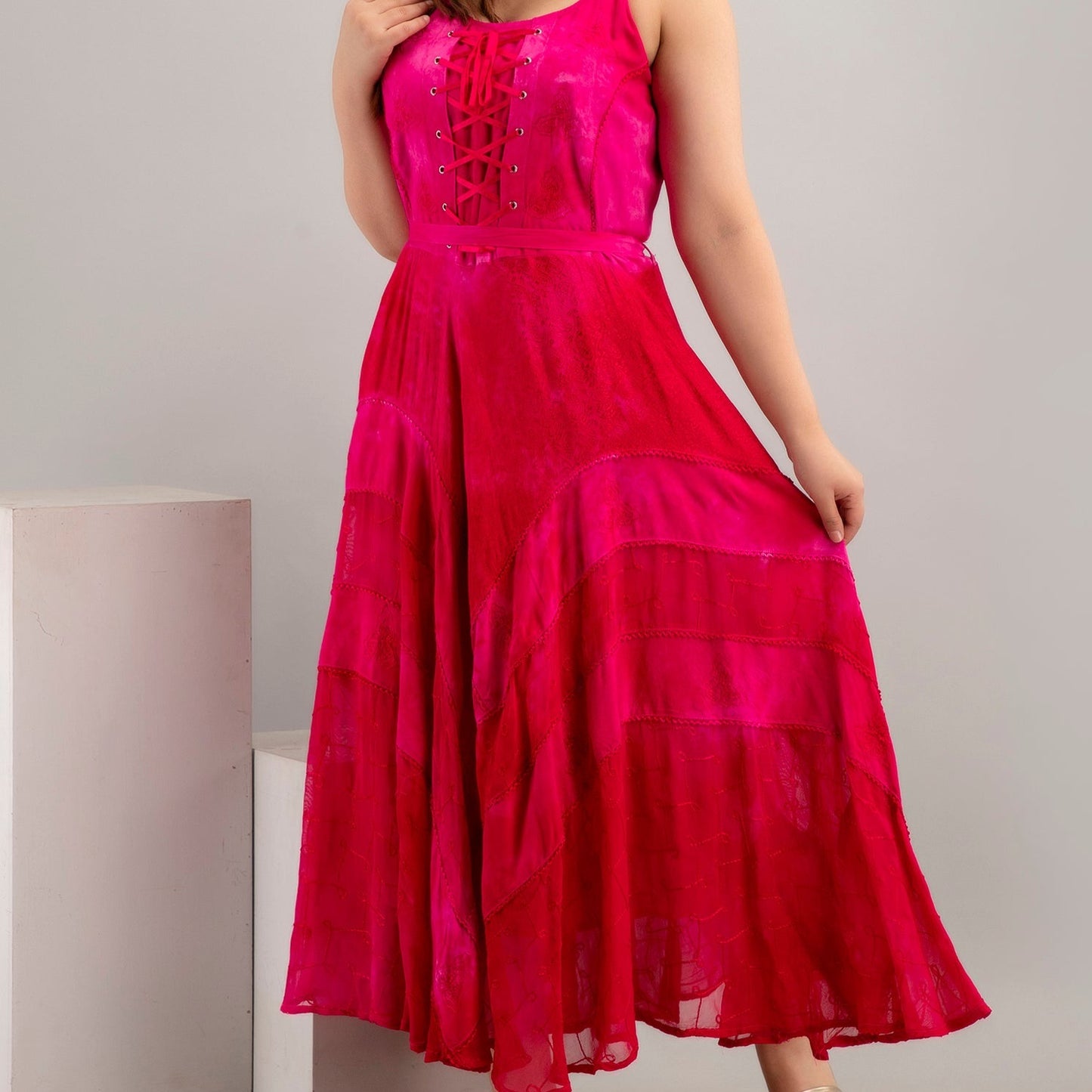 Lace Up Bodice Dress - Magenta Pink