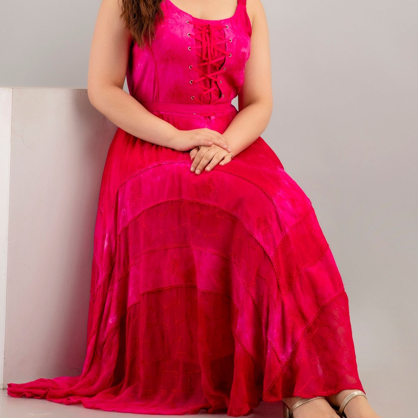 Lace Up Bodice Dress - Magenta Pink