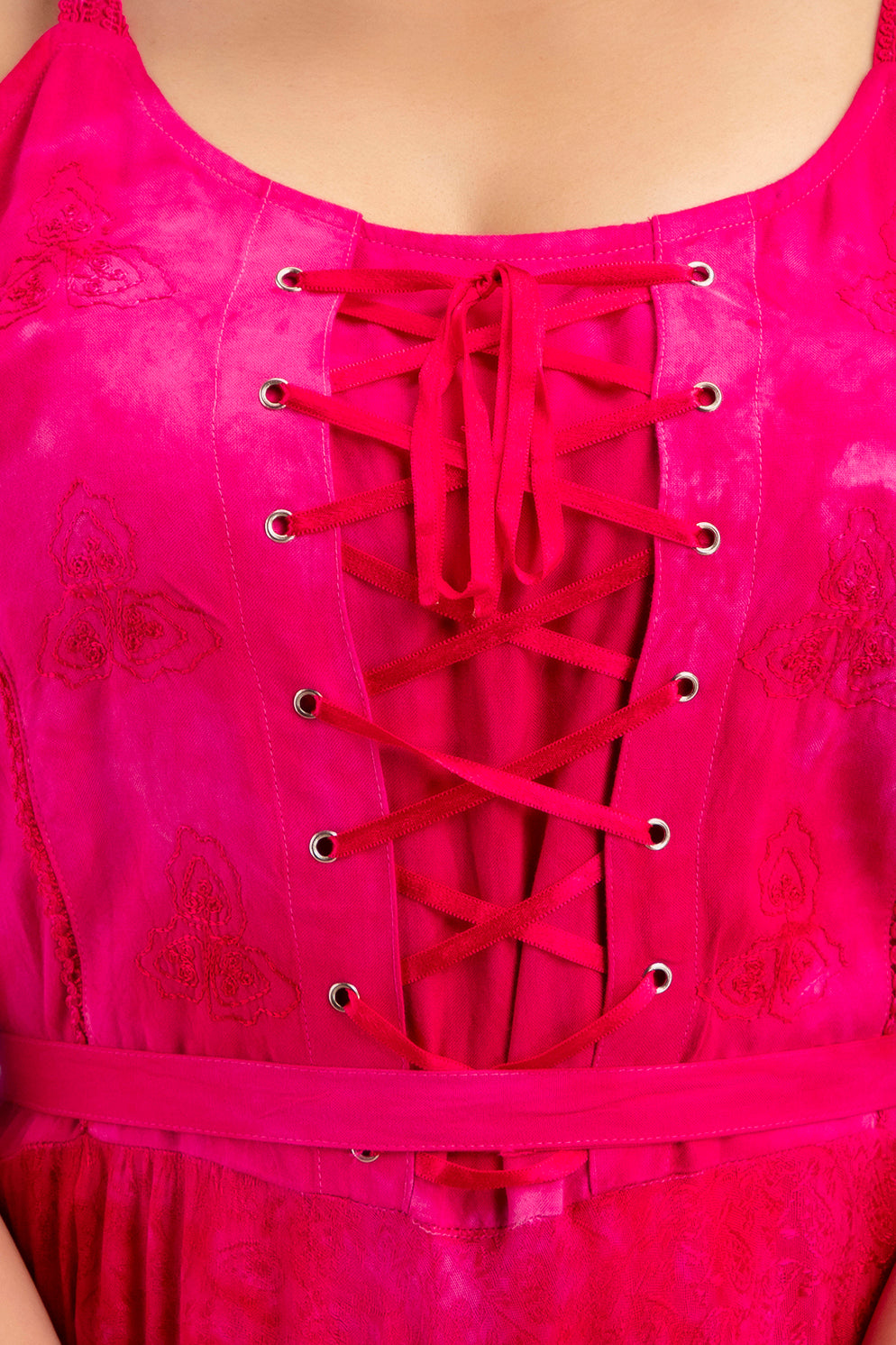 Lace Up Bodice Dress - Magenta Pink