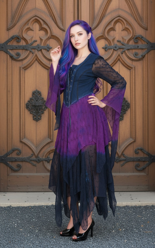 Navy & Purple Medieval Sleeve Lace-Up Chiffon Dress with Handkerchief Hem