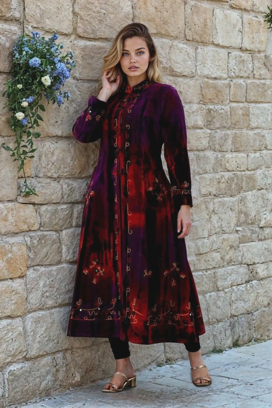 Bohemian Cotton Velvet Embroidered Coat – Long Tie-Dye Jacket in Red and Purple 🍂