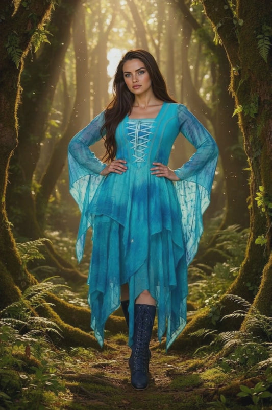 Turquoise Medieval Long Sleeve Lace-Up Chiffon Dress with Handkerchief Hem