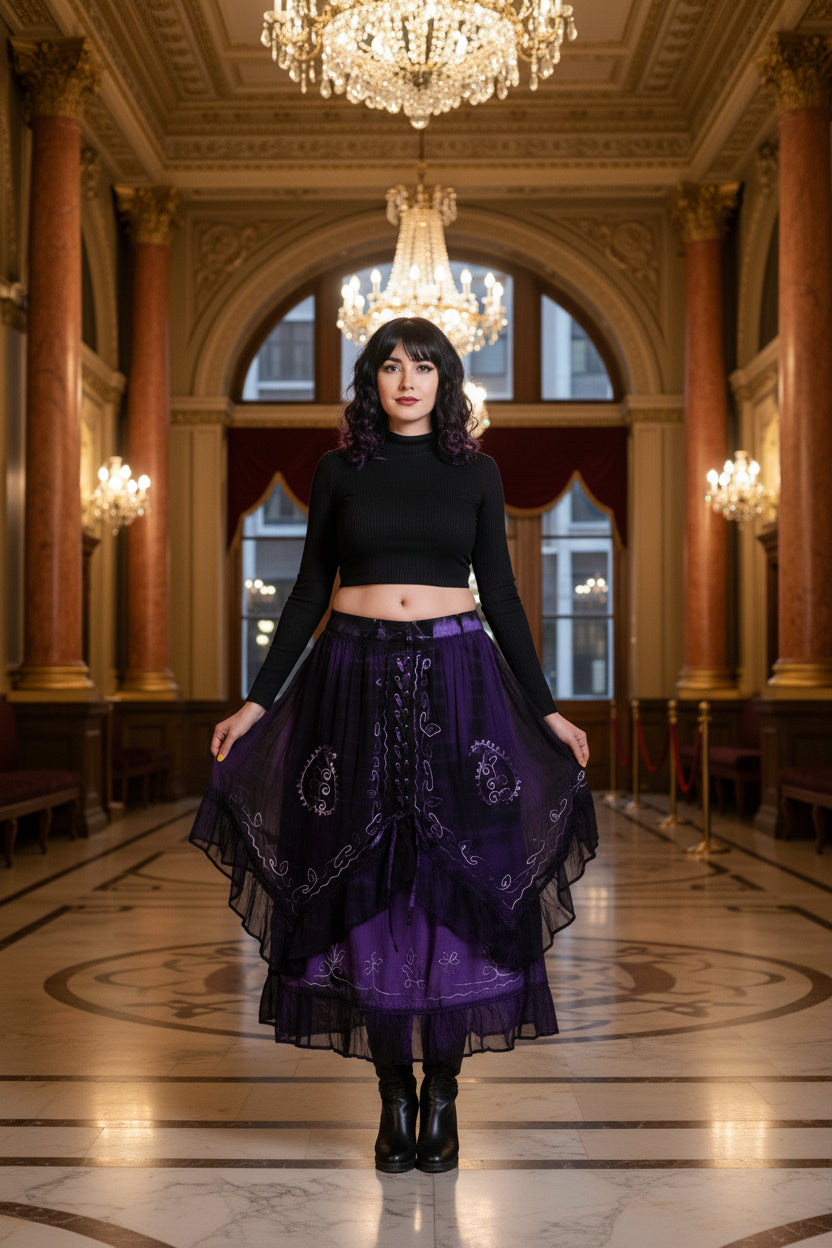 Purple Bohemian Two-Layered Skirt with Chiffon Overlay