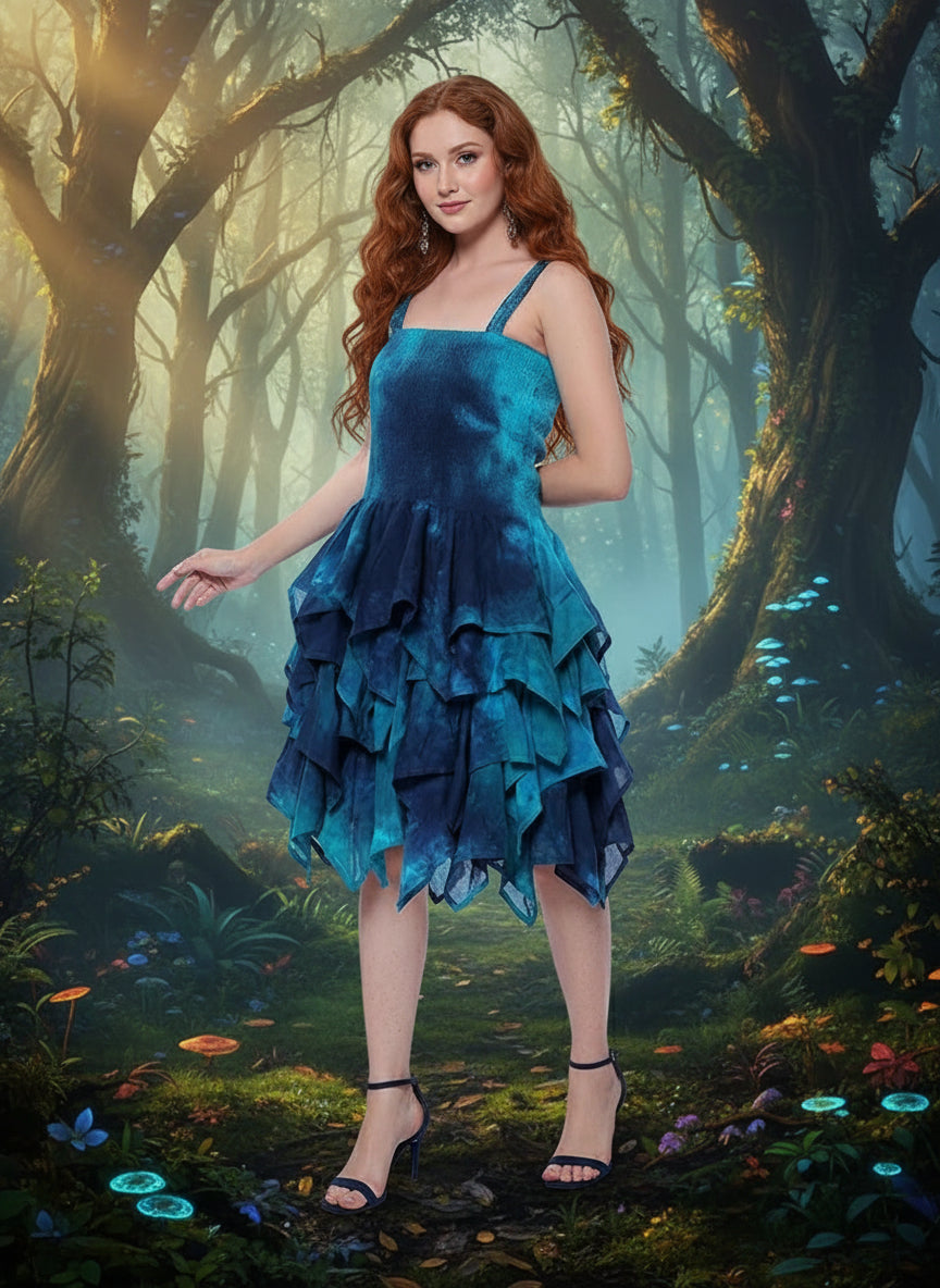 Sky Dress – 3/4 Length Teal & Blue Cotton Handkerchief Dress | Fit & Flare Boho Fairy Summer Style